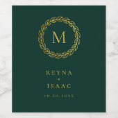 Elegant Gold Wreath Emerald Green Monogram Weinetikett (Einzelnes Label)