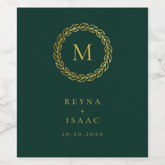 Elegant Gold Wreath Emerald Green Monogram Weinetikett (Einzelnes Label)