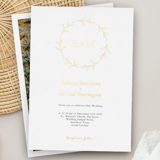 Elegant Gold Wreath Monogram Wedding Einladung