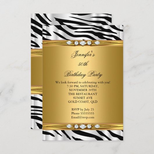 Elegant Gold Zebra Black Silver Diamond Geburtstag Einladung (Vorne/Hinten)