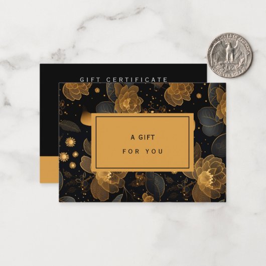 Elegant Golden & Black floral | Gutschein Mitteilungskarte (Vorderseite/Rückseite Beispiel)