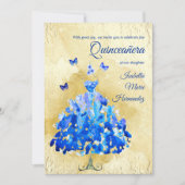 Elegant Golden & Blue Butterflies Quinceañera Einladung (Vorderseite)