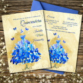 Elegant Golden & Blue Butterflies Quinceañera Einladung