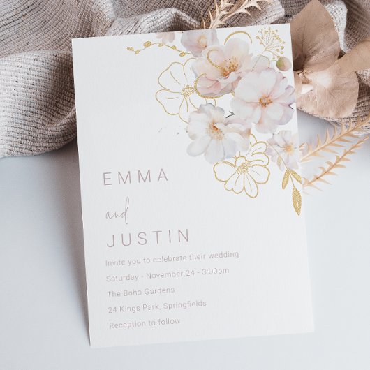 Elegant Golden Blush Botanical Wildflowers Wedding Einladung