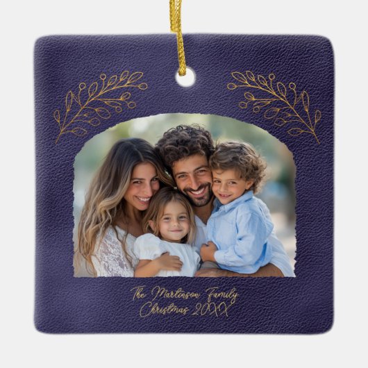 Elegant Golden Branches Arch Photo Blue Keramikornament (Vorderseite)