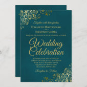 Elegant Golden Curls on Teal QR Code Wedding Einladung (Vorne/Hinten)