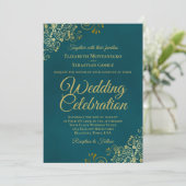 Elegant Golden Curls on Teal QR Code Wedding Einladung (Stehend Vorderseite)