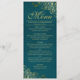 Elegant Golden Curls & Swirls on Teal Wedding Menükarte