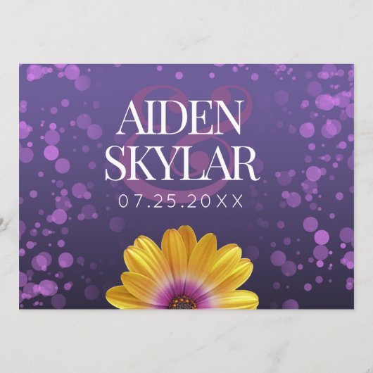 Elegant Golden Daisies mit Lila Glitzer Hochzeit Programm (Rückseite)