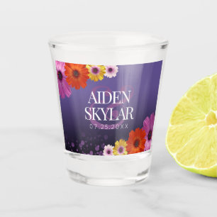 Elegant Golden Daisies mit Lila Glitzer Hochzeit Schnapsglas