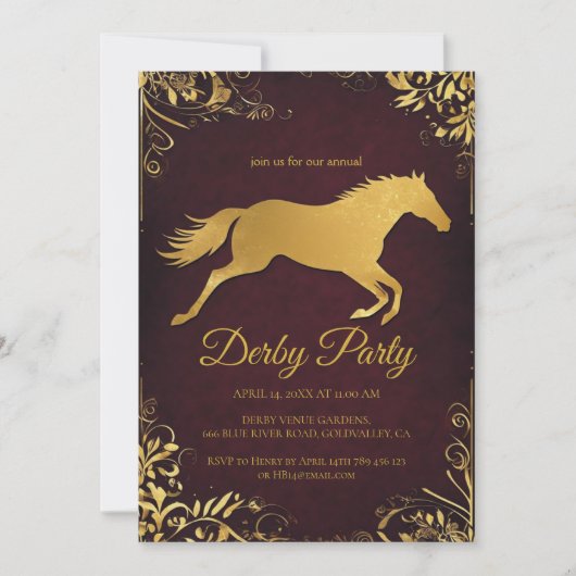 Elegant Golden Derby Party Invitation with Horse D Einladung (Vorderseite)