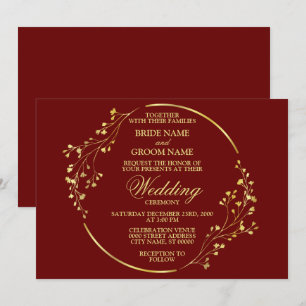 Elegant Golden Floral Geometric Wreath Red Einladung