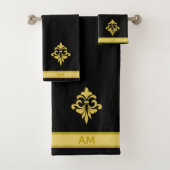 Elegant Golden Flower, Monogram & Stripe on Black Badhandtuch Set (Insitu)
