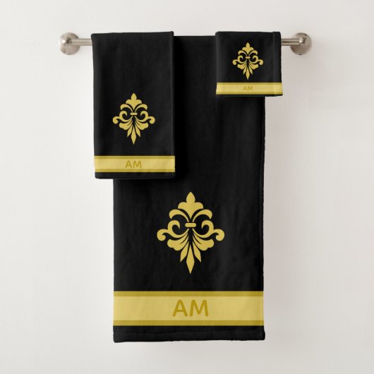 Elegant Golden Flower, Monogram & Stripe on Black Badhandtuch Set (Insitu)