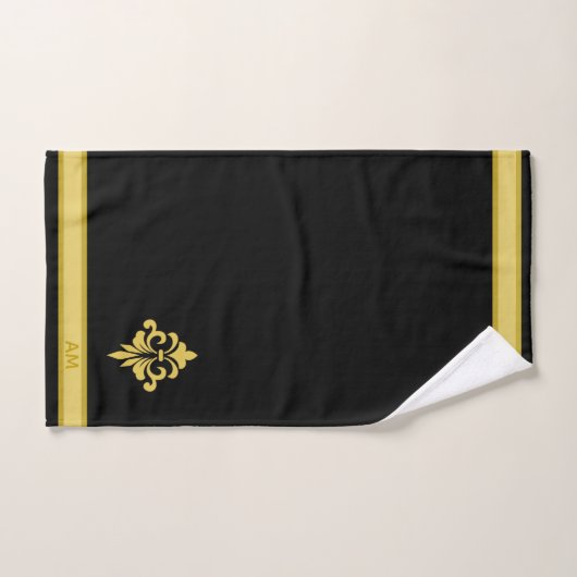 Elegant Golden Flower, Monogram & Stripe on Black Badhandtuch Set (Handtuch)