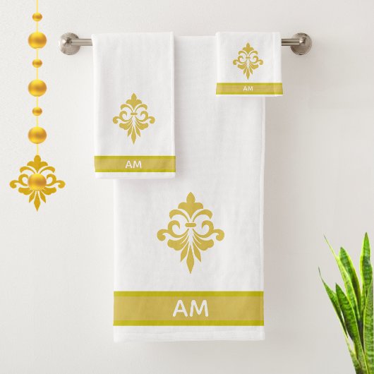 Elegant Golden Flower, Monogram & Stripe on White Badhandtuch Set