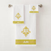 Elegant Golden Flower, Monogram & Stripe on White Badhandtuch Set (Insitu)