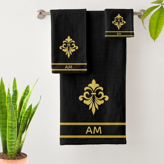 Elegant Golden Flower, Monogram & Stripes on Black Badhandtuch Set