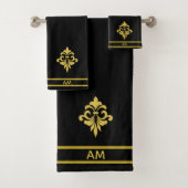 Elegant Golden Flower, Monogram & Stripes on Black Badhandtuch Set (Insitu)