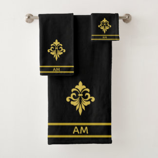 Elegant Golden Flower, Monogram & Stripes on Black Badhandtuch Set