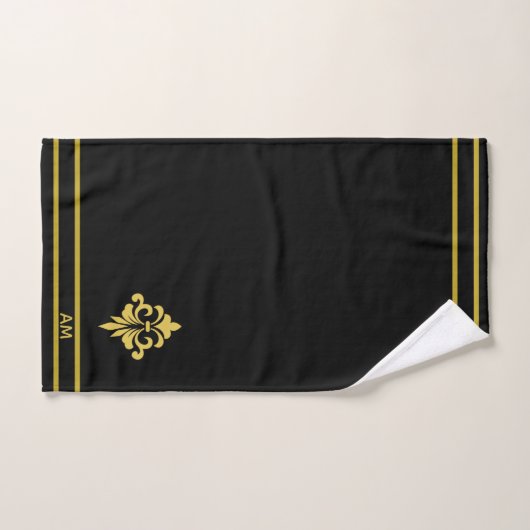 Elegant Golden Flower, Monogram & Stripes on Black Badhandtuch Set (Handtuch)