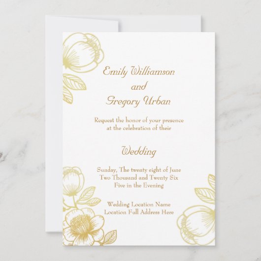 Elegant Golden Flowers Wedding Einladung (Vorderseite)