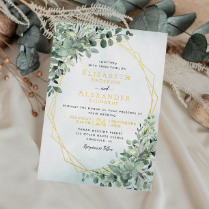 Elegant Golden Foil Eukalyptus Grüne Hochzeit Folieneinladung