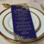Elegant Golden Frills on Navy Blue Wedding Menükarte<br><div class="desc">Dieses schöne Menü wird Ihrem Hochzeitsempfang etwas mehr Stil verleihen. Es zeichnet sich durch ein schönes Design mit verzierten goldenen Imitate-Foliengurten und Wirbel auf marineblau Hintergrund aus. Es gibt Platz für die Namen des Paares und das Hochzeitstag, und der Text ist vollständig anpassbar. Elegant, elegant und glänzend, wird dieses Menü...</div>