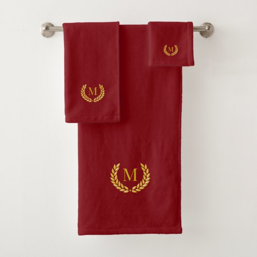Elegant Golden Laurel & Monogram on Maroon Badhandtuch Set (Insitu)