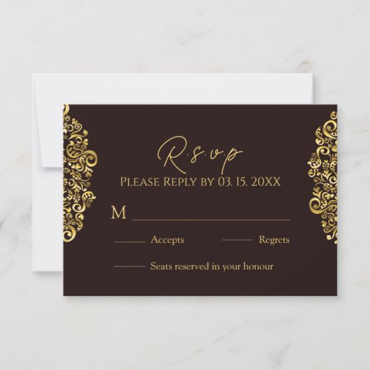Elegant Golden Maroon Damask RSVP Karte (Vorderseite)