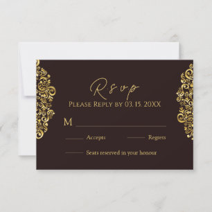 Elegant Golden Maroon Damask RSVP Karte