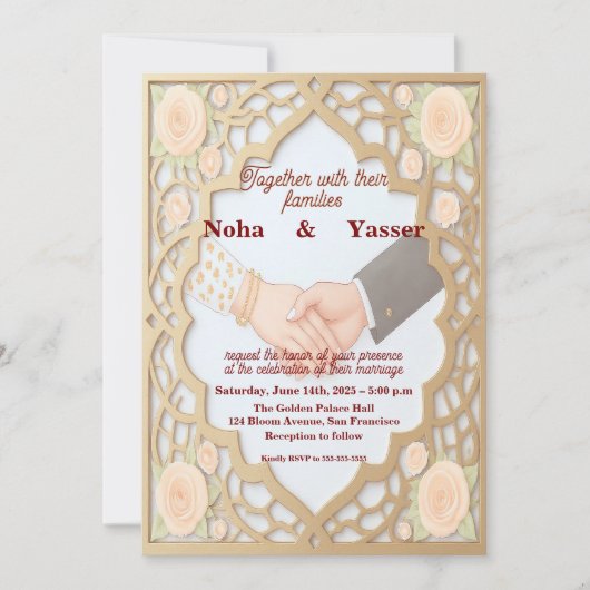 Elegant Golden Ornate Moroccan Indian Wedding Invi Einladung (Vorderseite)