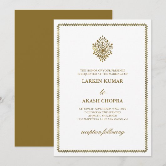 Elegant Golden Paisley White Wedding Einladung (Vorne/Hinten)