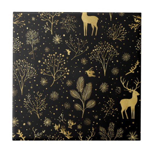 Elegant Golden Winter Forest Pattern Fliese (Vorderseite)