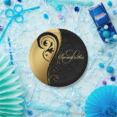 Elegant, Goldfolie, Wirbel, schwarzer Damast, Mono Pappteller (Party)
