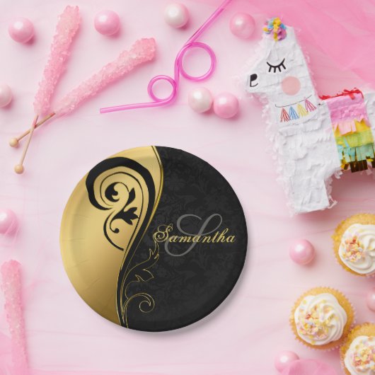 Elegant, Goldfolie, Wirbel, schwarzer Damast, Mono Pappteller (Party)