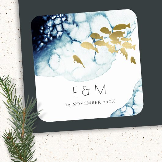 ELEGANT GOLDNAVY UNDERWASSERFANG MONOGRAM WEDD QUADRATISCHER AUFKLEBER