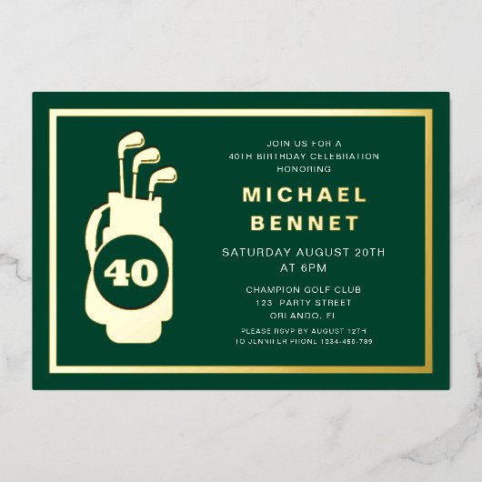 Elegant Golf 40th Birthday Folieneinladung (Vorderseite)