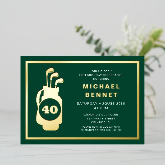 Elegant Golf 40th Birthday Folieneinladung (Stehend vorne)