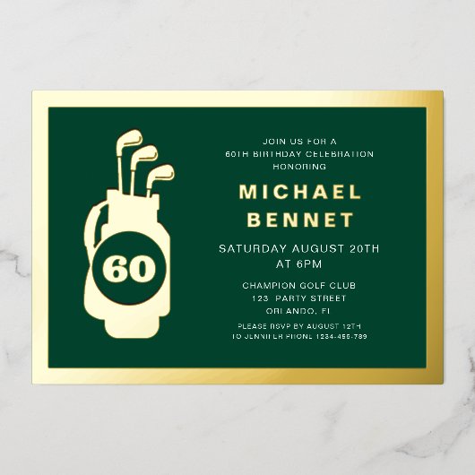 Elegant Golf 60th Birthday Gold Folieneinladung (Vorderseite)
