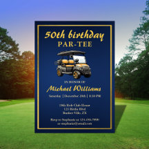 Elegant Golf Theme Cart Blue Gold 50. Geburtstag