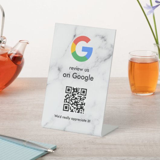 Elegant Google reviews qr code tabletop sign Sockelschild (In SItu)