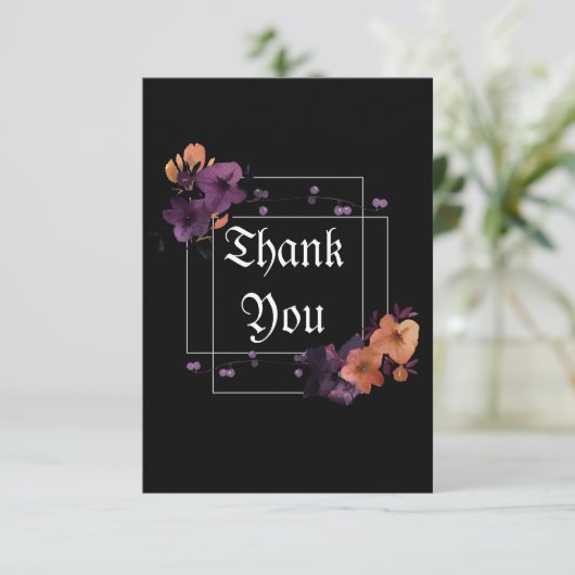 Elegant Goth Black Dark Floral Personalisiert Dankeskarte (Stehend Vorderseite)