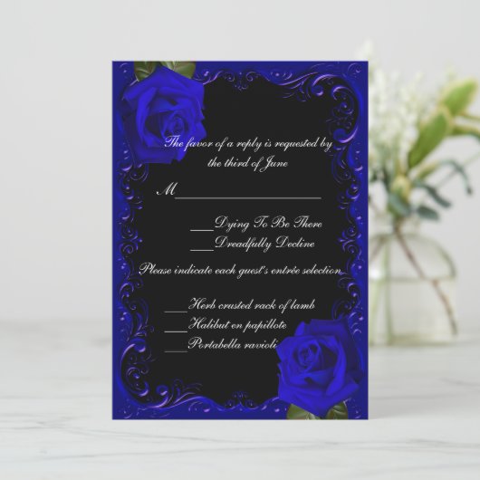 Elegant Goth Blue Rose Response Card Einladung (Stehend Vorderseite)