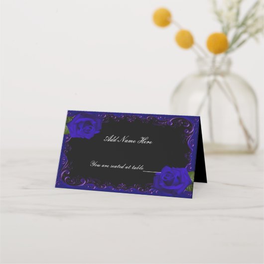 Elegant Goth Blue Rose Table Platzkarte (Vorderseite)