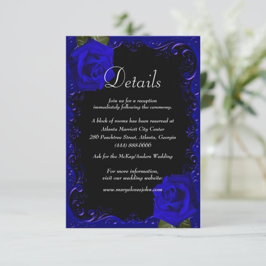 Elegant Goth Blue Rose Wedding Details Card (Stehend Vorderseite)