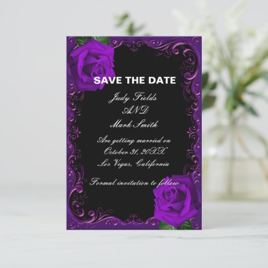 Elegant Goth Lila Rose Save the Date Begleitkarte (Stehend Vorderseite)