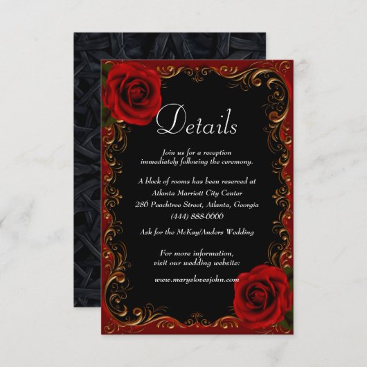 Elegant Goth Rote Rosen Hochzeitdetails Begleitkarte (Vorne/Hinten)