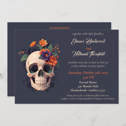 Elegant Gothic 3D Blumenschädel Hochzeit Einladung (Vorne/Hinten)