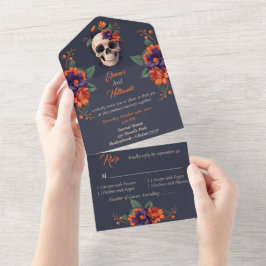 Elegant Gothic 3D Floral Skull Hochzeit All In One Einladung